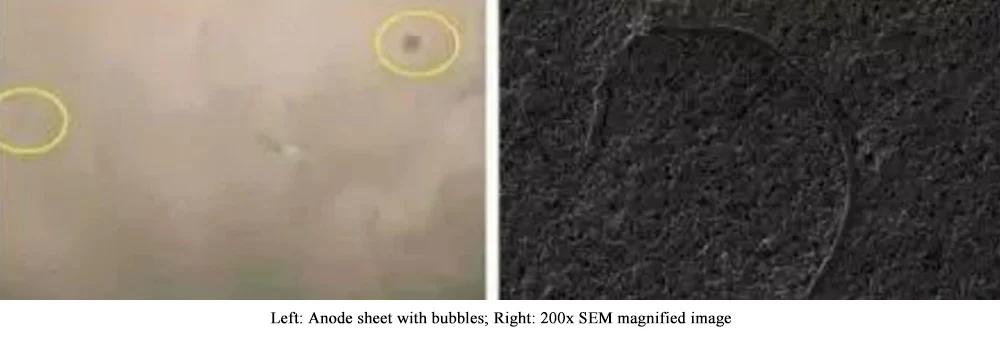 Anode sheet with bubbles 200x SEM magnified image Anode sheet with bubbles 200x SEM magnified image